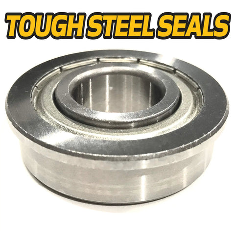Four Pack Precision Ground Super Duty Front Wheel Caster Bearings With High Temperature Synthetic Grease For Heavy Machinery And Cart Wheels close-up of tough steel sealed bearing.