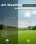 Backyard Soccer Goal 12 By 6 With Steel Frame Portable Training Net shown in rainy and sunny conditions