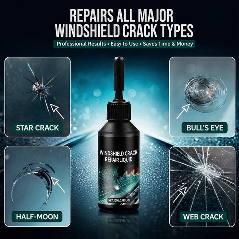 Image of windshield crack repair liquid for various crack types including star, bull's eye, half-moon, and web crack.