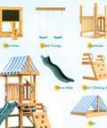 Wooden backyard swing set with dual swings, slide, rock climbing wall, blackboard, and fort, featuring wave slide and sunshade.