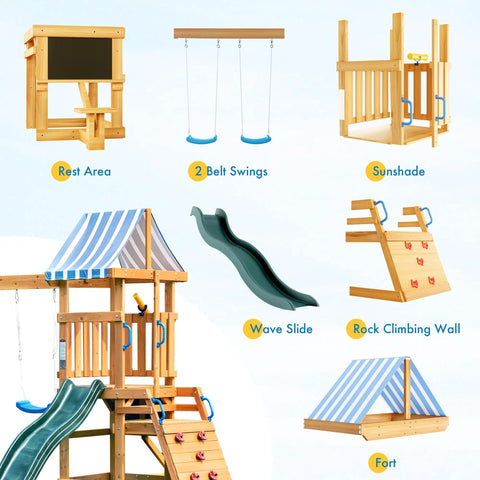Wooden backyard swing set with dual swings, slide, rock climbing wall, blackboard, and fort, featuring wave slide and sunshade.