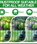 Easy No Dig Garden Fence Kit With 10 Arched Panels showcasing rustproof metal in sun, rain, and snow conditions