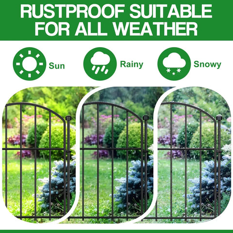 Easy No Dig Garden Fence Kit With 10 Arched Panels showcasing rustproof metal in sun, rain, and snow conditions