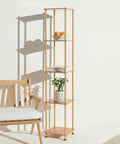 Gold Brass Floor Lamp With Wooden Shelf And Built In Wireless Charging Station Narrow Free Standing LED Column Tower