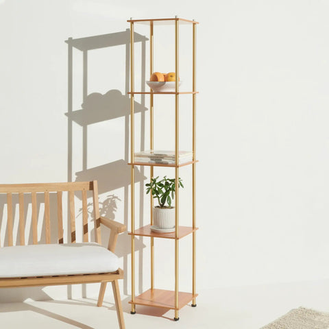 Gold Brass Floor Lamp With Wooden Shelf And Built In Wireless Charging Station Narrow Free Standing LED Column Tower