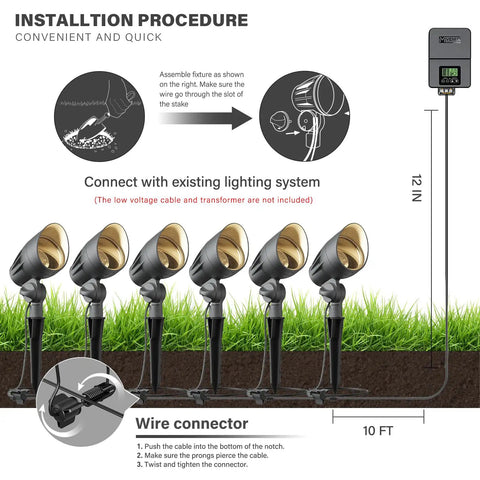 Low Voltage Landscape Spotlights Pro-Grade 50W Halogen Outdoor Garden Lights installation diagram, showing six metal lights, 3000K warm glow.