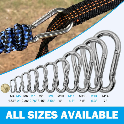 Stainless Steel Carabiners 304 Heavy Duty 2.36 Inch Rustproof Clips displayed with size options and usage example on rope.