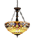 Serenity Tiffany Style Victorian Inverted Ceiling Pendant Light With Shade Three Light Bronze Finish Handcrafted Glass Cabochons And Crystals For Cozy Warm Glow And Elegant Home Decor