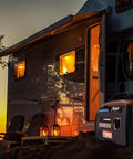 Dual Fuel Portable Generator With 4000W Peak And 3200 Running On Gas Or 3600 Peak And 2800 Running On Propane beside RV at sunset