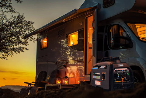 Dual Fuel Portable Generator With 4000W Peak And 3200 Running On Gas Or 3600 Peak And 2800 Running On Propane beside RV at sunset
