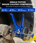 Speedy Brake Caliper Compression Tool for single piston pad replacement, shown installed on a vehicle brake assembly.