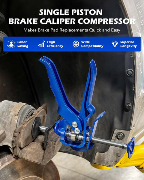 Speedy Brake Caliper Compression Tool for single piston pad replacement, shown installed on a vehicle brake assembly.
