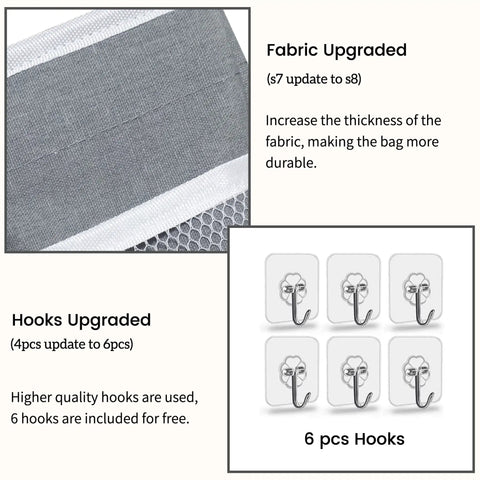Close-up of Two Pack Wall Hanging Organizer Bags with Linen Fabric showcasing fabric thickness and set of 6 hooks.