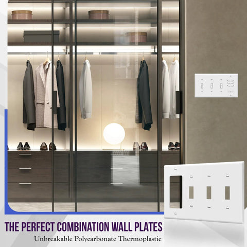Combination Triple Toggle And Single Decorator Rocker Outlet Wall Plate Four Gang Standard Size 4.5 By 8.19 Inches Built Tough Durable Polycarbonate Thermoplastic UL Listed White