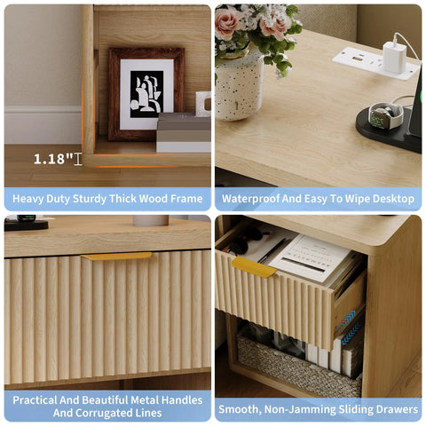 Fluted Nightstand With Built In Charging Station One Drawer And Open Storage Metal Handles Curved Edges Mid Century Modern Bedside Table