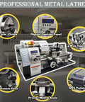 Precision 8X16 Metal Bench Lathe Featuring Auto Metric To Inch Thread Switching 1100W Brushless Motor with 3-jaw chuck and digital control panel.