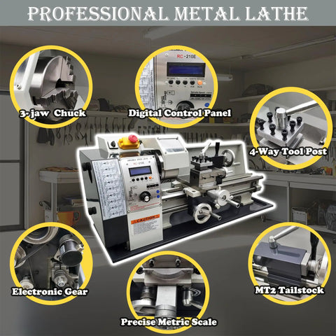 Precision 8X16 Metal Bench Lathe Featuring Auto Metric To Inch Thread Switching 1100W Brushless Motor with 3-jaw chuck and digital control panel.