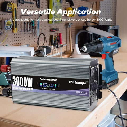 Heavy Duty 3000 Watt Power Inverter Converts 12V Dc To 120V Ac, shown with drill, in workshop setting, sleek design, LCD display.