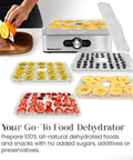 Kitchen Workhorse Food Dehydrator Featuring Durable Stainless Steel Trays And Adjustable Temperature Dials with dried fruits on trays.