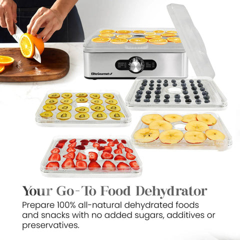 Kitchen Workhorse Food Dehydrator Featuring Durable Stainless Steel Trays And Adjustable Temperature Dials with dried fruits on trays.