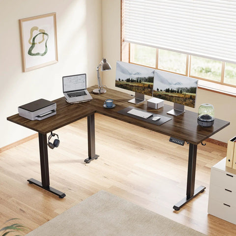 Agilestic L-Shape Standing Desk 63 Inch Electric Height Adjustable Sit Stand Corner Computer Table With Splice Board Dark Walnut showing dual monitors and laptop.