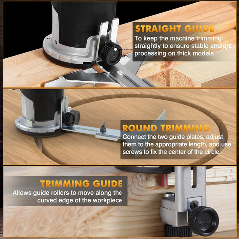 Beast Cordless Trim Router With 800W Brushless Motor Delivers Up To 30,000 RPM, showing straight and round trimming guides.
