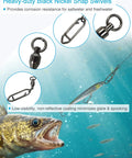 Ball Bearing Fishing Swivels With Quick Change Clips 29 Pack Slick Pro Grade Black Nickel Stainless Steel Snap Swivels Size 0 To 4 For Saltwater And Freshwater Ultra Smooth 360 Degree Rotation Reduces Line Twist, shown with lure