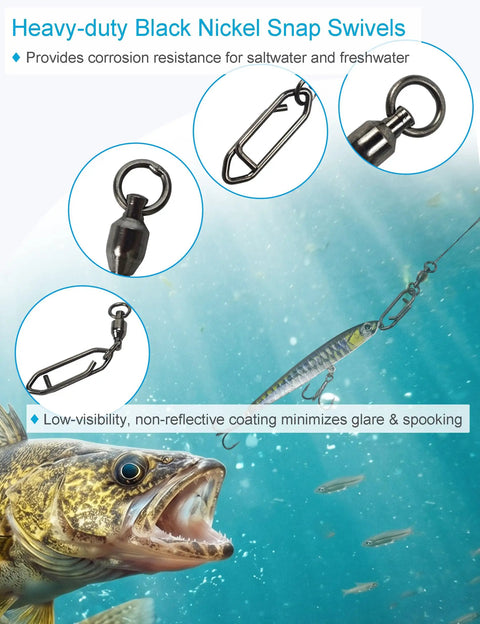 Ball Bearing Fishing Swivels With Quick Change Clips 29 Pack Slick Pro Grade Black Nickel Stainless Steel Snap Swivels Size 0 To 4 For Saltwater And Freshwater Ultra Smooth 360 Degree Rotation Reduces Line Twist, shown with lure