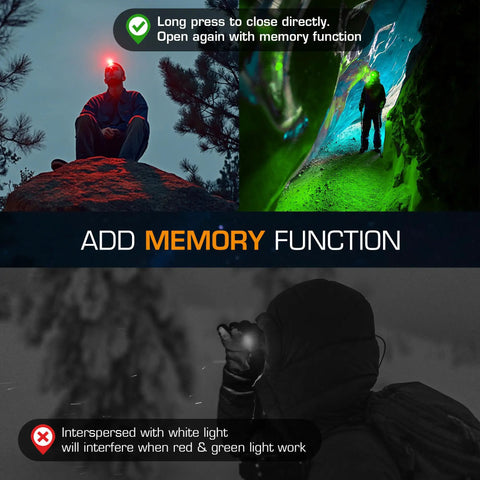 Two Pack Rechargeable Headlamp Set With White Red Green Lights Memory Mode And Five Modes 120 Degree Adjustable Beam display