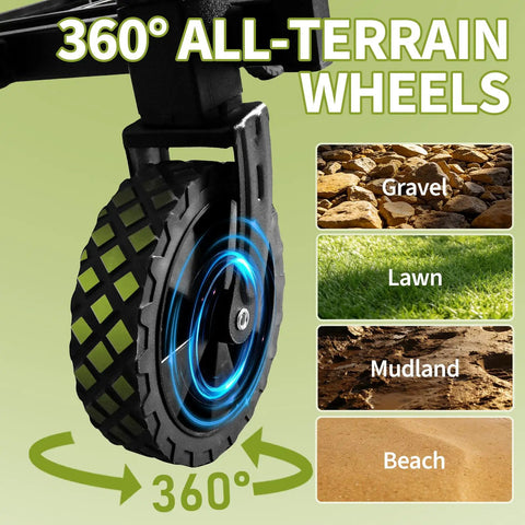 Close-up of 360-degree all-terrain wheel on Heavy Duty Foldable Wagon Cart with Gravel, Lawn, Mudland, and Beach surfaces shown