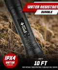 Ultra Bright 1200 Lumen LED Flashlight LFX2000 with water-resistant design, shown in wet outdoor conditions, featuring durable construction.