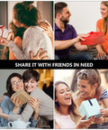 Image collage of friends hugging and exchanging gifts, showcasing moments of joy and sharing among groups.