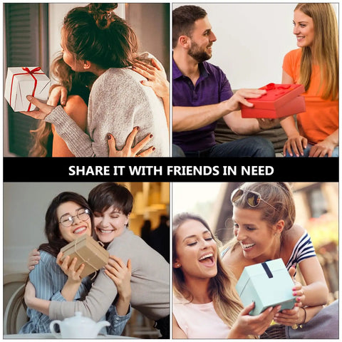 Image collage of friends hugging and exchanging gifts, showcasing moments of joy and sharing among groups.