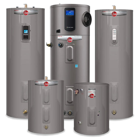 The Real Deal 50 Gallon Electric Water Heater Featuring Automatic Thermostat Control Plus Enhanced Flow Brass Drain Valve And Long Life Anode Rod For Dependable Family Hot Water, various sizes in gray.