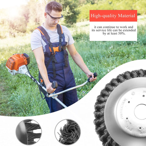 Man using a lawn trimmer with 8 Inch Unbreakable Wired Trimmer Blade For Weed Eater And Weed Whacker Steel Wire Cutter Head