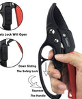 Badass Heavy Duty Anvil Pruning Shears 8 Inch Blade Ratchet Action Pruner showing safety lock mechanism in hand for easy use.