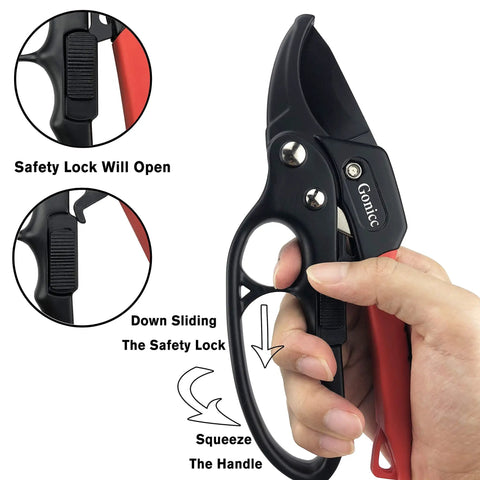 Badass Heavy Duty Anvil Pruning Shears 8 Inch Blade Ratchet Action Pruner showing safety lock mechanism in hand for easy use.