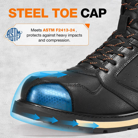 Steel Toe Work Boots For Men With Side Zipper, Water And Slip Resistant, All Day Comfort, Electrical Hazard Protection, Heavy Duty Safety Shoes For Industrial Construction Outdoor Warehouse ASTM F2413 24 Compliant showcasing steel toe cap
