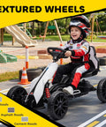 Child riding 12V Electric Go Kart For Kids With Forward And Backward Drive, Adjustable Speed, Smooth All Terrain EVA Wheels, White