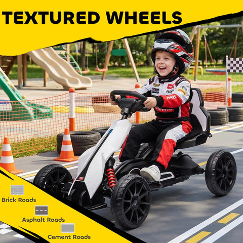 Child riding 12V Electric Go Kart For Kids With Forward And Backward Drive, Adjustable Speed, Smooth All Terrain EVA Wheels, White