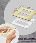 Screwless Decorator Wall Plate 2-Gang Brushed Gold Outlet Cover with dimensions and flexibility demonstration