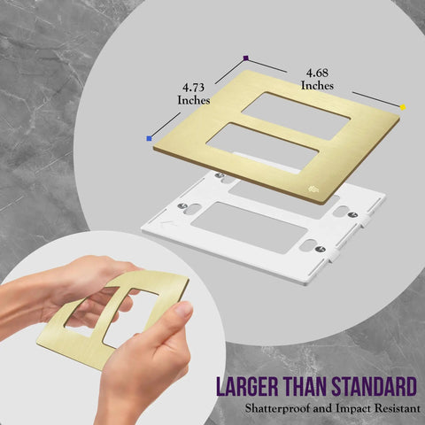 Screwless Decorator Wall Plate 2-Gang Brushed Gold Outlet Cover with dimensions and flexibility demonstration