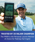Golfer holding 130A Golf Launch Monitor With Doppler Radar Delivers Club Head Speed Ball Speed Smash Factor Carry And Total Distances