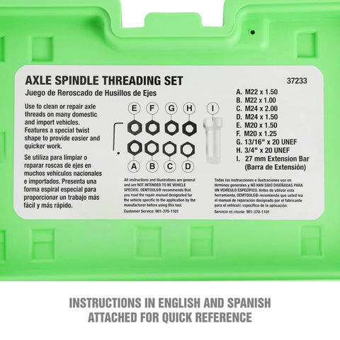 Axle Spindle Rethreading Tool Kit for Damaged Threads with Metric and SAE Chasers, instructions on green case