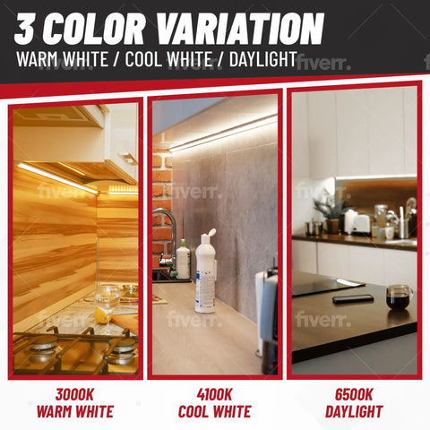 Three lighting setups showing warm white, 4100K cool white, and daylight options for kitchen under-cabinet lighting.