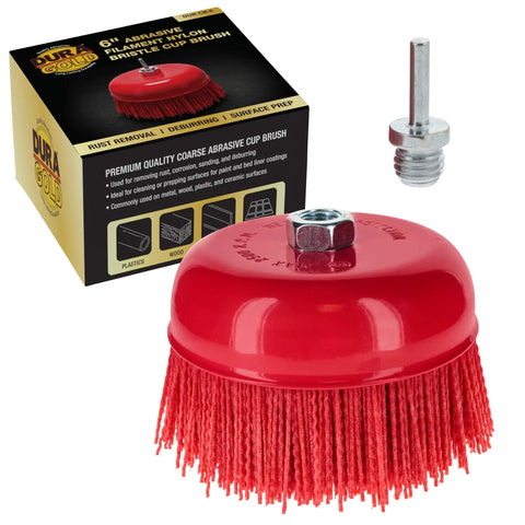 Six Inch Abrasive Filament Nylon Cup Brush With Five Eighth Inch Thread And One Quarter Inch Hex Drill Shank Arbor Coarse Grit Angle Grinder Brush For Truck Bed Liner Surface Prep Sanding Rust And Paint Removal, with packaging and arbor shank visible