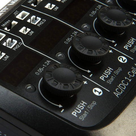 Close-up of Smart 4-Port 1S LiPo Charger With Digital LED Display and Independent Output Ports showing control dials.