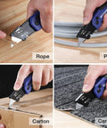 WORKPRO folding utility knife with blue aluminum handle; cutting rope.
WORKPRO folding utility knife with blue aluminum handle cutting PVC hose.
WORKPRO folding utility knife with blue aluminum handle cutting cardboard box.
WORKPRO folding utility knife with blue aluminum handle trimming carpet.