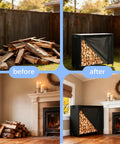 Heavy Duty 4 Foot Firewood Rack Cover Waterproof 600D Outdoor Storage With Zipper And Hook Loop Tape Fits 4 Foot Racks Protects Logs From Rain Snow Dust Log Rack Not Included before and after usage scenario indoors and outdoors
