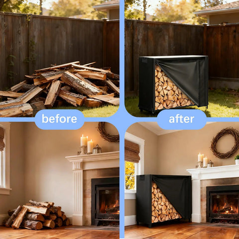 Heavy Duty 4 Foot Firewood Rack Cover Waterproof 600D Outdoor Storage With Zipper And Hook Loop Tape Fits 4 Foot Racks Protects Logs From Rain Snow Dust Log Rack Not Included before and after usage scenario indoors and outdoors